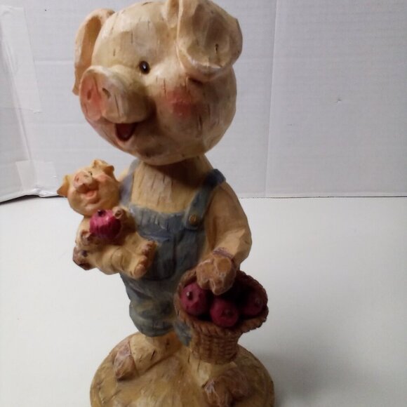 Pig In Overalls Farmer Bobblehead Piglet Baby Apples Resin Cottagecore Country - Picture 12 of 14